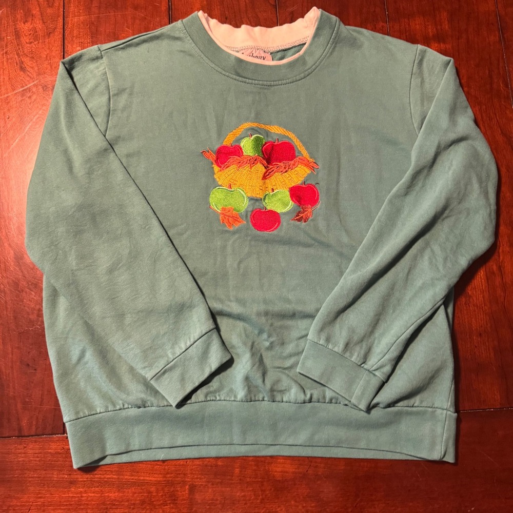 Vintage Anthony Richards Sweatshirt XL‎ Green Apple Basket Embroidered Top